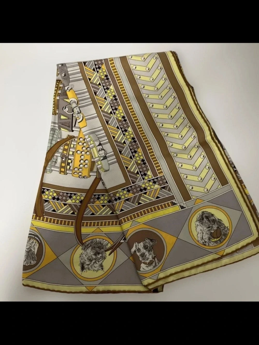 Hermes Yellow, Gray and Brown Chain Motif Silk Scarf